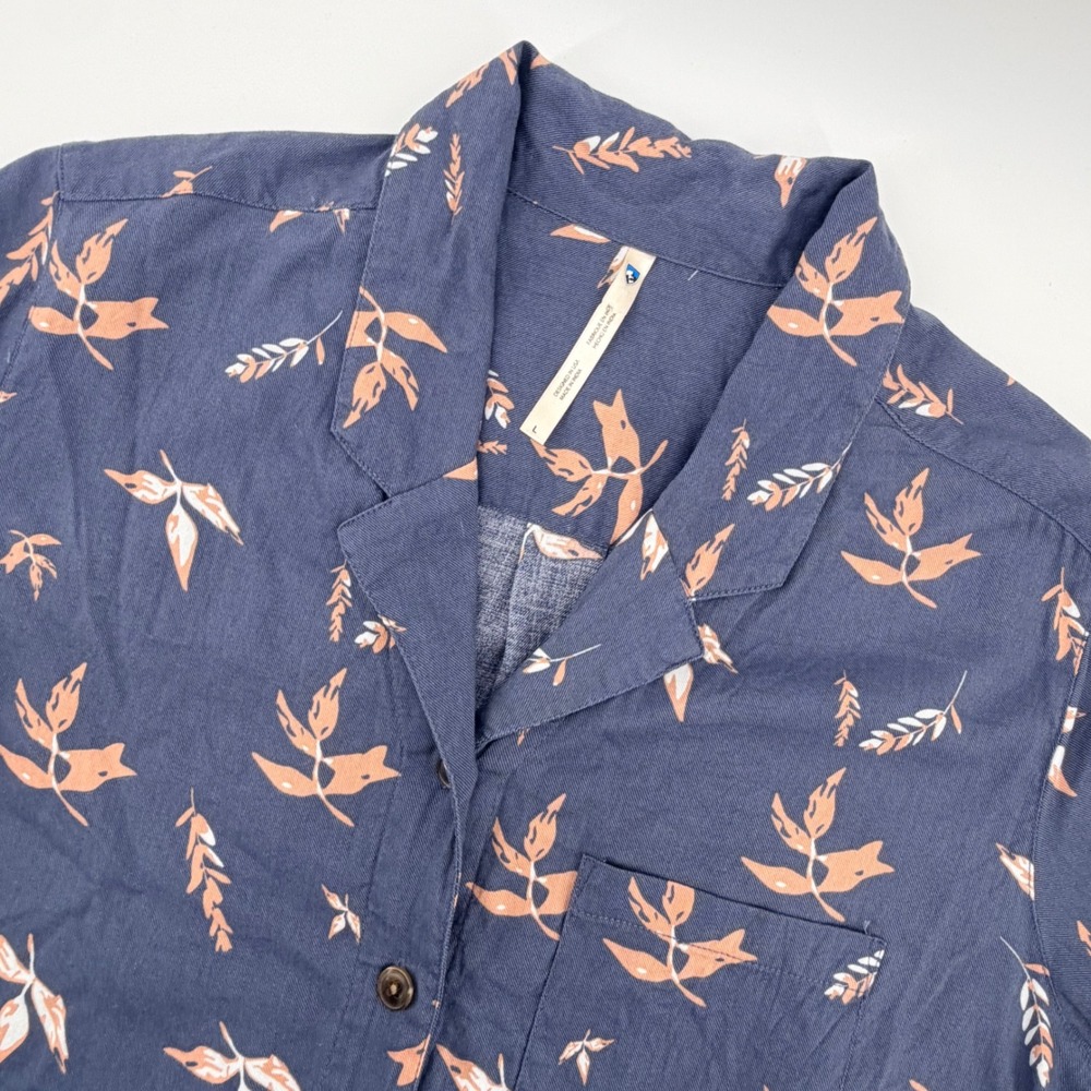 KUHL Shirt Women Large Blue Botanical Leaf Tie Front Short Sleeve Button Down